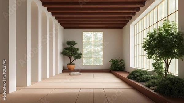 Fototapeta Modern and spacious room with a high ceiling and a large window on the right side. the floor is made of light-colored tiles and the walls are painted white.