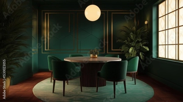 Fototapeta Modern dining room with a round wooden table in the center. the table is surrounded by six green velvet chairs with wooden legs.