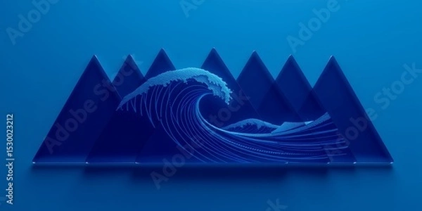 Fototapeta A digital rendering of a wave in front of triangular shapes against a blue monochromatic background