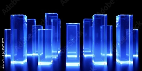 Fototapeta A group of translucent blue rectangular prisms arranged on a reflective surface in darkness