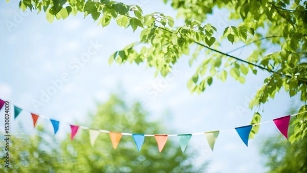 Fototapeta Colorful triangular bunting hanging outdoors with green trees and a blue sky above it