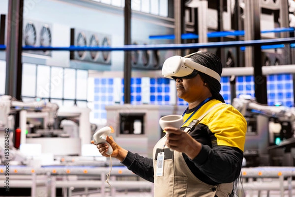 Obraz Factory worker wearing VR headset and holding motion controllers engages in virtual reality training in advanced industrial plant. Female engineer highlighting the role of AR in modern manufacturing.