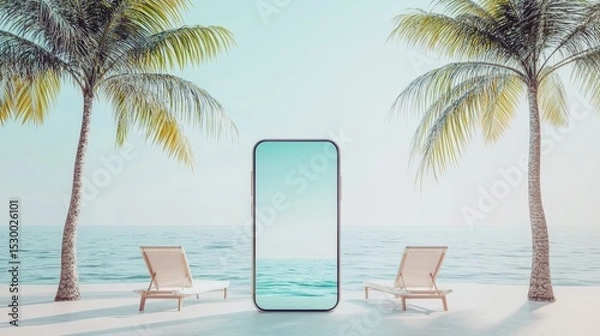 Fototapeta Vibrant Tropical Beach Scene with Smartphone and Lazy Chairs
