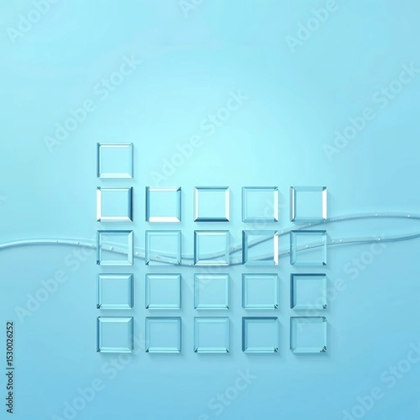 Fototapeta Arrangement of transparent square tiles on a light blue surface with a thin white string across it