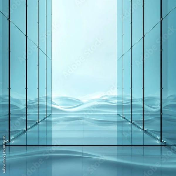 Fototapeta A perspective view of a glass corridor with wavy water background and light teal color palette