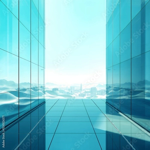 Fototapeta A futuristic hallway with blue glass walls and a distant city skyline in a bright setting