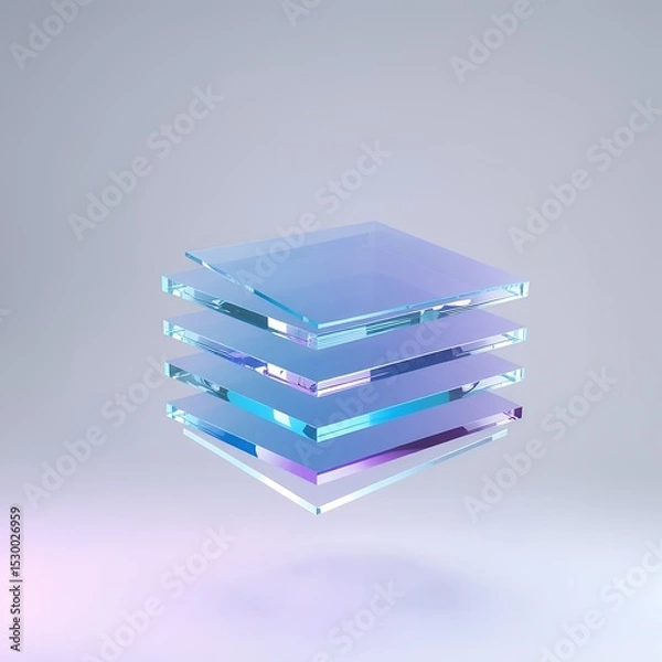 Obraz Stack of translucent iridescent square panes floating against a gradient background hue
