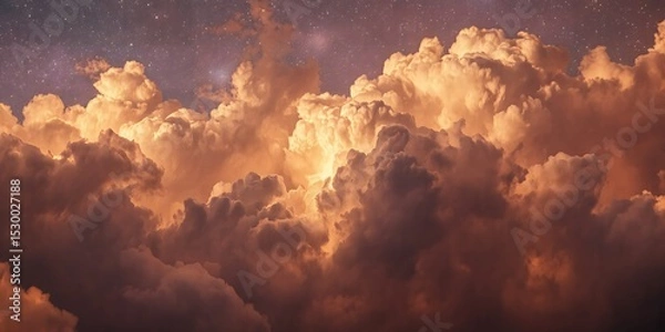 Fototapeta An ethereal view of fluffy clouds illuminated with golden light against a starry sky backdrop
