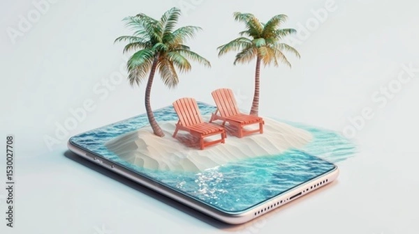 Fototapeta 3D Render of Smartphone Showcasing Tropical Island with Chairs