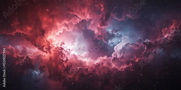 Fototapeta A vibrant nebula with swirling clouds of red and pink illuminated by distant stars and light