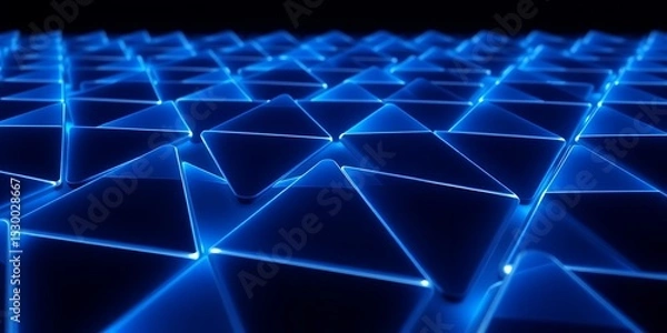 Fototapeta A dark background filled with blue triangles that are glowing with a neon like light effect