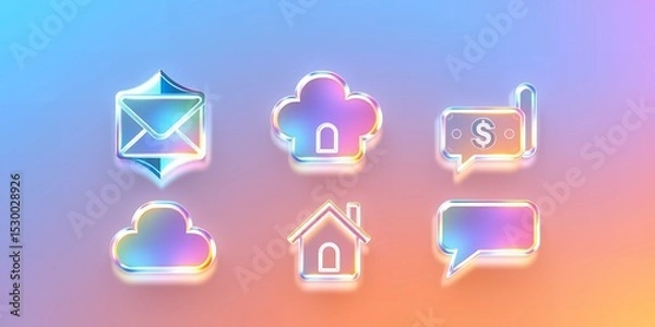 Fototapeta Iridescent glass icons including an envelope cloud house and speech bubbles on gradient background
