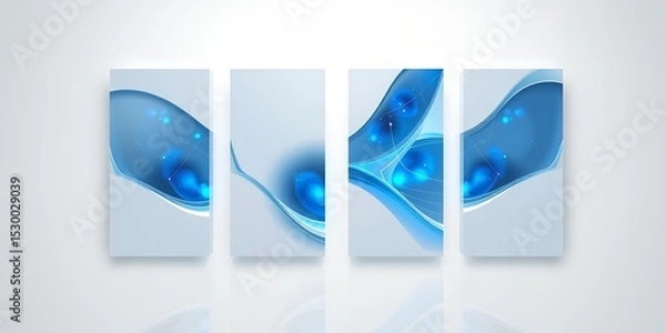 Fototapeta Four vertical panels displaying a blue abstract design with glowing orbs on a white background