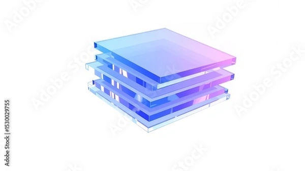 Fototapeta A minimalist stack of translucent square panels with a blue and pink gradient on white background