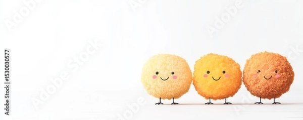 Obraz Three Smiling Chicken Nuggets Character on White Background,Food,Cute