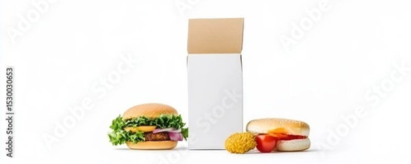 Obraz Two burgers with takeaway box, fast food , delivery