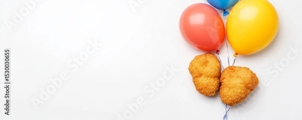 Obraz Two Chicken Nuggets Floating With Blue, Red, Yellow Balloons, Fast food ,Party
