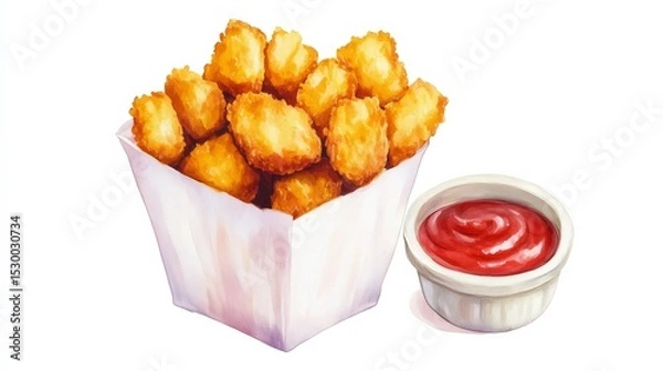 Obraz Watercolor Tater Tots Crispy Potatoes and Ketchup, Fast Food , Snack