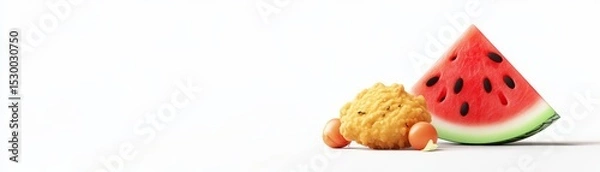 Obraz Watermelon Slice With Egg and Food Character on White, Summer , Fruit