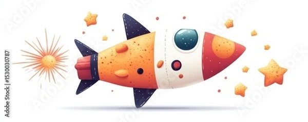 Obraz Whimsical Space Rocket with Stars and Sun Illustration, ChildrensArt , VectorArt