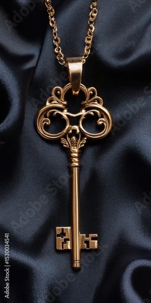 Obraz Gold Key Black Background. Closeup of Isolated Key Pendant Adornment on Black Silk
