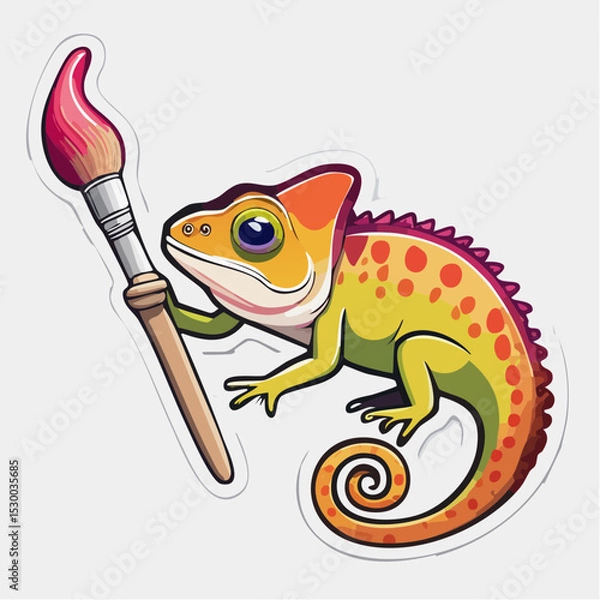 Fototapeta Creative chameleon gripping a paintbrush with its tail, drawn in vibrant cartoon style.