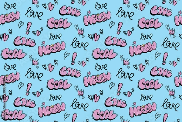Obraz Seamless cartoon doodle pattern with pink graffiti-style words "love", "meow", "cool", plus hearts, crowns, and exclamation marks on blue background. Fun and playful design for kids and teens.