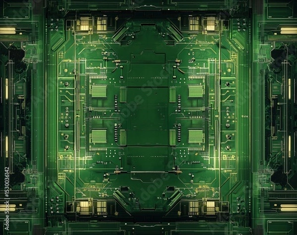 Fototapeta A vibrant, abstract view of a green circuit board with glowing lines and intricate patterns, suggesting advanced computing and digital processes.