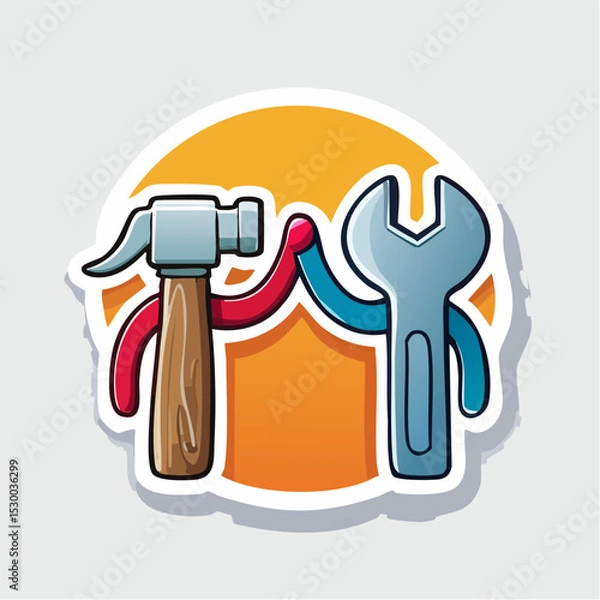 Fototapeta Cartoon hammer and wrench high-fiving, symbolizing teamwork in a cheerful sticker format.