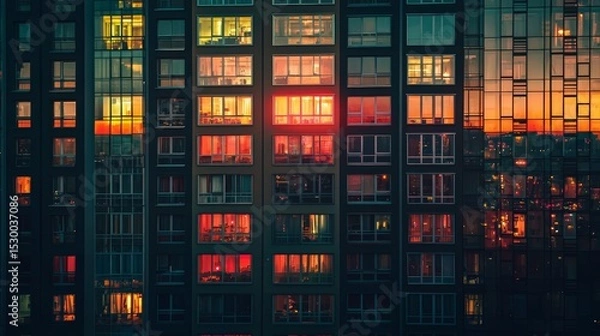 Fototapeta Urban Cityscape at Dusk with Illuminated Windows and Warm Glow