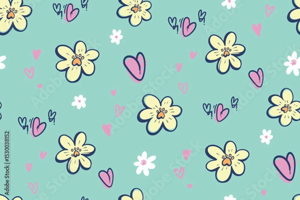 Obraz Seamless playful pattern with cartoon flowers and hand-drawn hearts on light blue background. Cute, cheerful, floral design for kids textiles, stationery, wrapping paper.