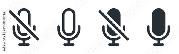 Fototapeta microphone icons, including mute and active versions, for audio audio, podcast, communication, media apps. technology and media interfaces in outline and solid styles