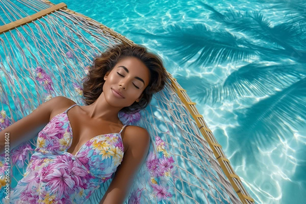 Fototapeta Woman lying peacefully in hammock above crystal clear turquoise water. Colorful floral swimsuit complements serene setting under palm trees. Concept of relaxation, vacation, wellness