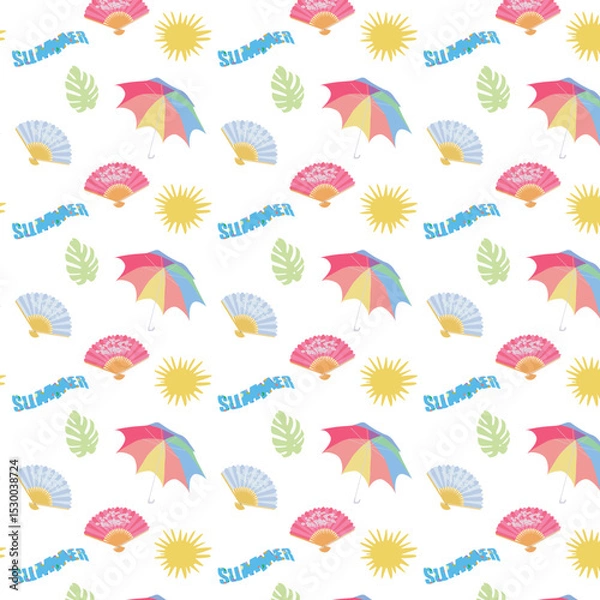 Fototapeta Seamless pattern on a summer theme with a bright umbrella, fan, sun and the inscription summer.eps