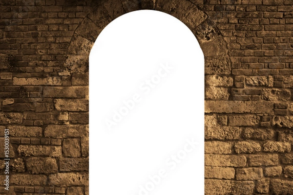 Obraz front view of ancient historical gate door frame window with architectural stone arcade archway and surrounding wall under bridge as background. white mockup mock up mock-up  template blank empty