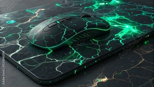 Fototapeta Close up of a black computer mouse with green neon lights on a matching mouse pad design surface