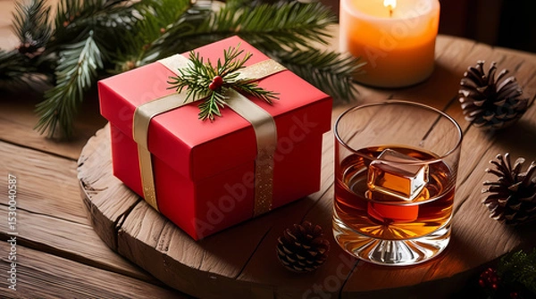 Fototapeta Festive holiday setup with a red gift box, a glass of whiskey, and cozy decorations.