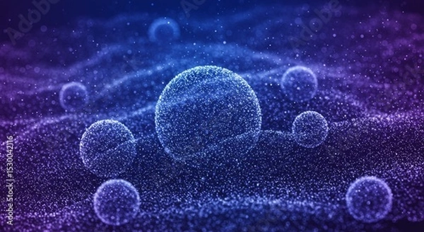 Fototapeta Abstract Particle Spheres On Blue And Purple Wavy Digital Background
