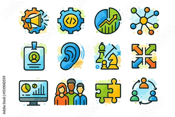 Fototapeta Colorful business icons featuring teamwork, strategy, and analytics concepts