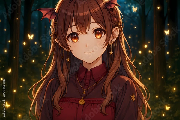 Fototapeta Enchanting anime girl with bat wings and star earrings glowing amidst fireflies in a mystical forest at night, radiating magical charm and fantasy allure in detailed artwork.