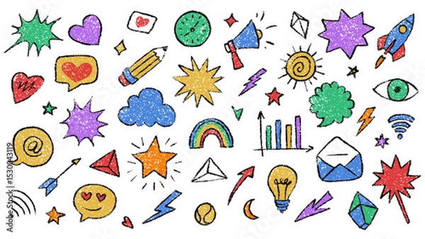 Fototapeta Colorful Hand-Drawn Crayon Doodle Icons Featuring Elements and Symbols on White Background