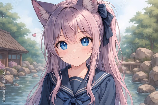 Fototapeta Charming anime girl with cat ears and long pink hair in a navy blue sailor uniform by a serene river with traditional houses and lush greenery, beautifully detailed in tranquil nature.