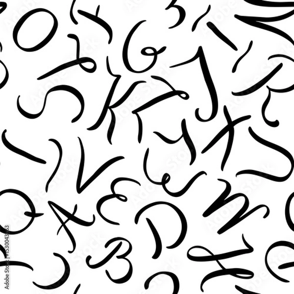 Fototapeta Hand written cursive letters vector seamless pattern, Black and white handwriting calligraphy alphabet background