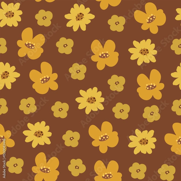 Obraz Seamless vector pattern with simple pretty small yellow flowers on brown background in autumn mood