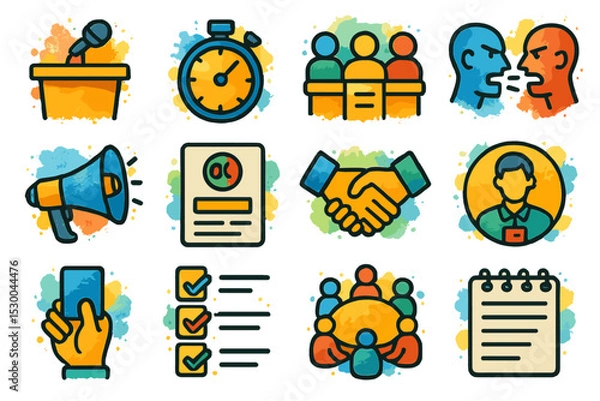 Fototapeta Colorful business icons: communication, teamwork, and productivity concepts