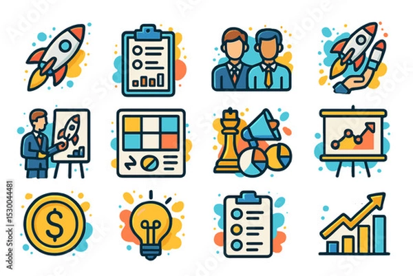 Fototapeta Colorful business icons and illustrations for strategy and planning concepts