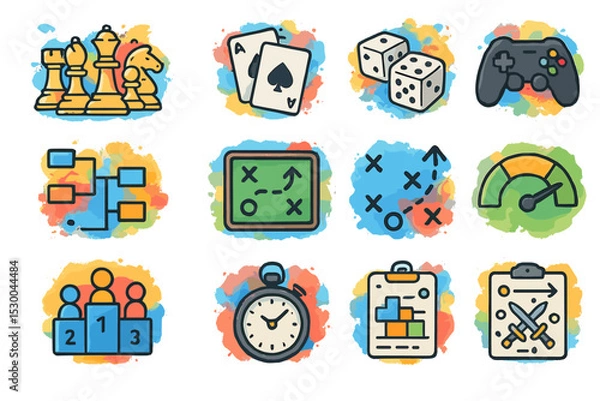 Fototapeta Colorful game icons: chess, cards, dice, controller, stopwatch, strategy