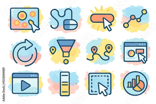 Fototapeta Digital interface icons with cursor and graph elements on colorful background