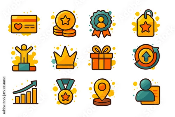Fototapeta Colorful reward icons with coins, trophies, and growth symbols