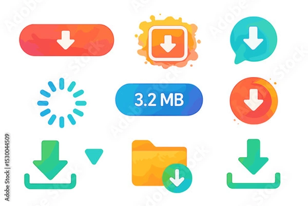 Fototapeta Colorful digital download icons and symbols in watercolor style